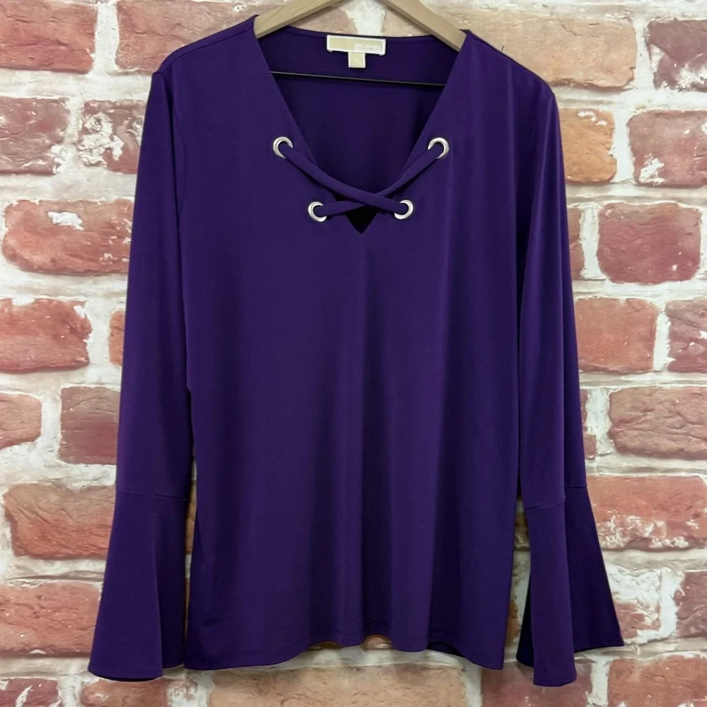 Michael Kors Top Women's XL Purple Lace Up Bell Sleeve Casual Stretchy Shirt - Picture 2 of 8